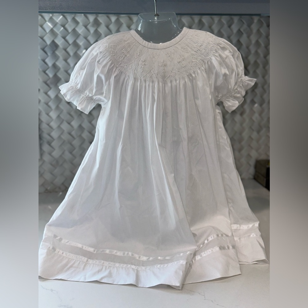 SMOCKED CROSS DRESS IN WHITE WITH WHITE CROSSES
